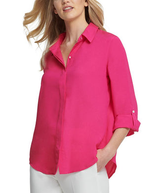 DKNY Women's Cuffed Sleeve Hidden Placket Blouse Pink Size X-Large