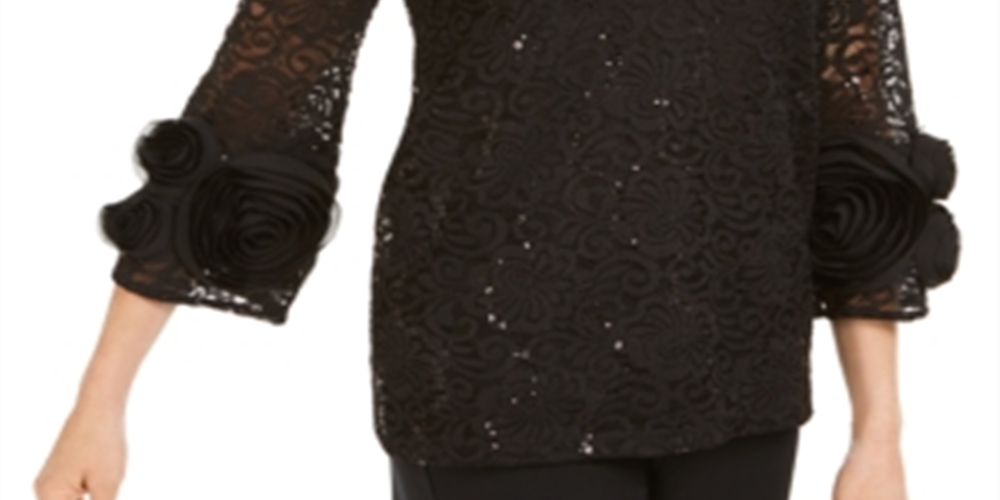 JM Collection Women's Rose Lace Top Black Size Medium