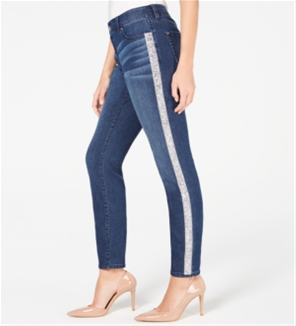 INC International Concepts Women's Embellished-Stripe Skinny Jeans Blue Size 2 Petite