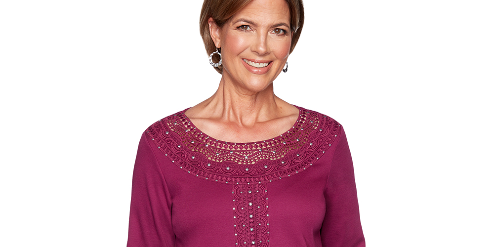 Alfred Dunner Women's Autumn Harvest Lace Trim Top Purple Size 3X