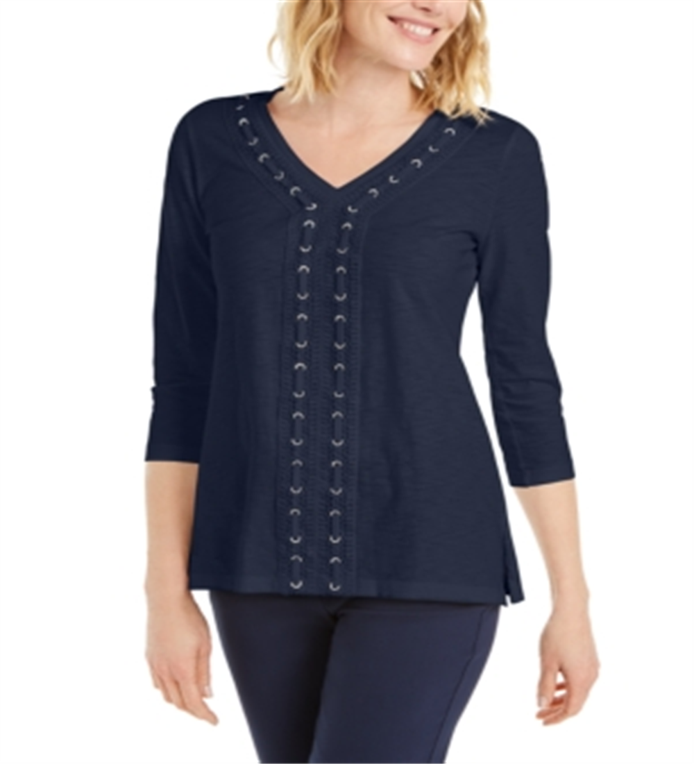 JM Collection Women's Crochet Trimmed Laced Textured Top Blue Size XX-Large