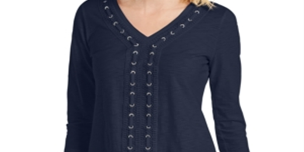 JM Collection Women's Crochet Trimmed Laced Textured Top Blue Size XX-Large