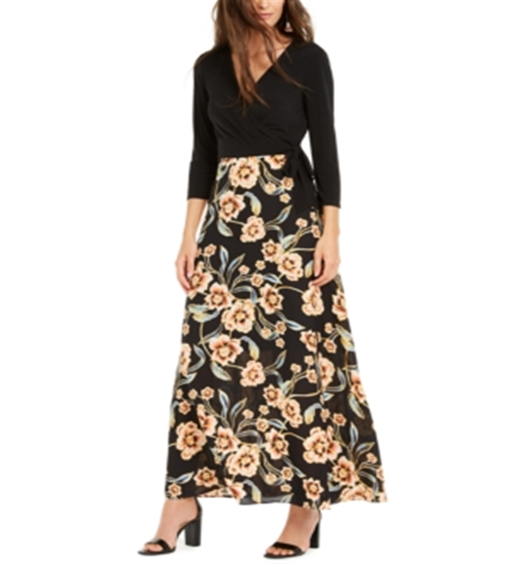 INC International Concepts Women's Tie-Side Printed-Skirt Dress Black Size 16