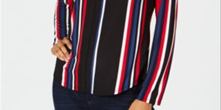 IINC International Concepts Women's Striped Long Sleeve V Neck Evening Top Black Size Large