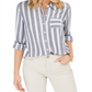 Style & Co Petite Striped Roll-Tab Blouse Blue Size Petite S