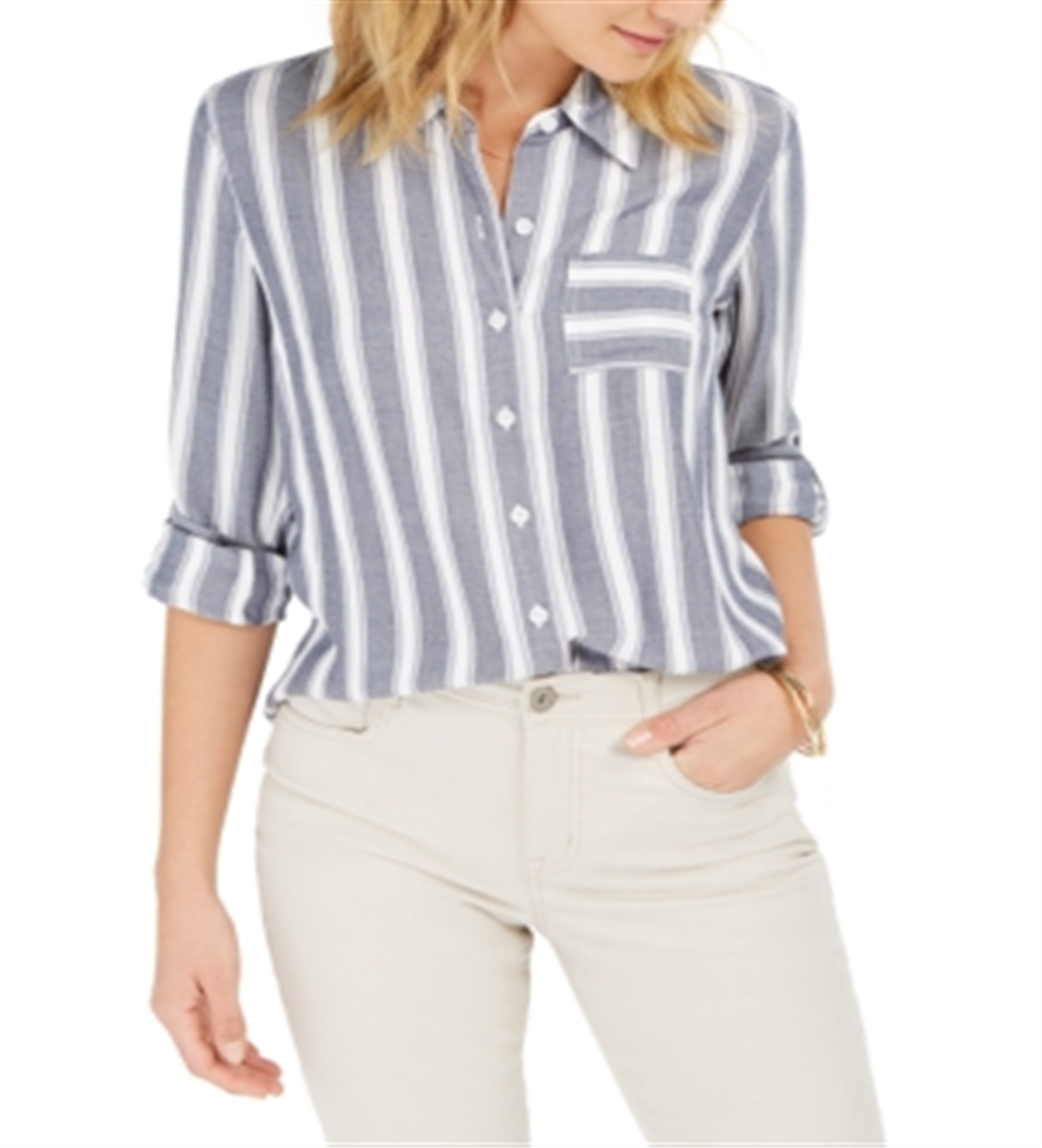Style & Co Petite Striped Roll-Tab Blouse Blue Size Petite S