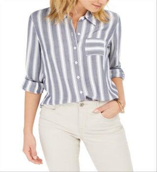 Style & Co Petite Striped Roll-Tab Blouse Blue Size Petite S