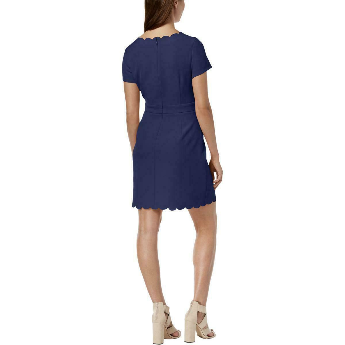 Maison Jules Women's Scalloped Short Sleeve Jewel Neck Above the Knee Sheath Cocktail Dress Blue Size 2