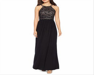 Nightway Women's Lace Sleeveless Halter Full Length Evening Fit Flare Dress Black Size 4