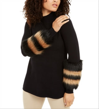Alfani Women's Striped Faux Fur Cuff Sweater Black Size Small