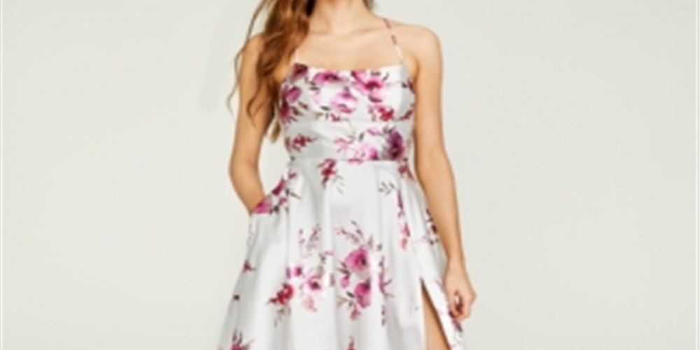 B. Darlin Women's Low Back Slitted Floral Spaghetti Strap Square Neck Full Length Formal Fit Flare Dress White Size 1/2