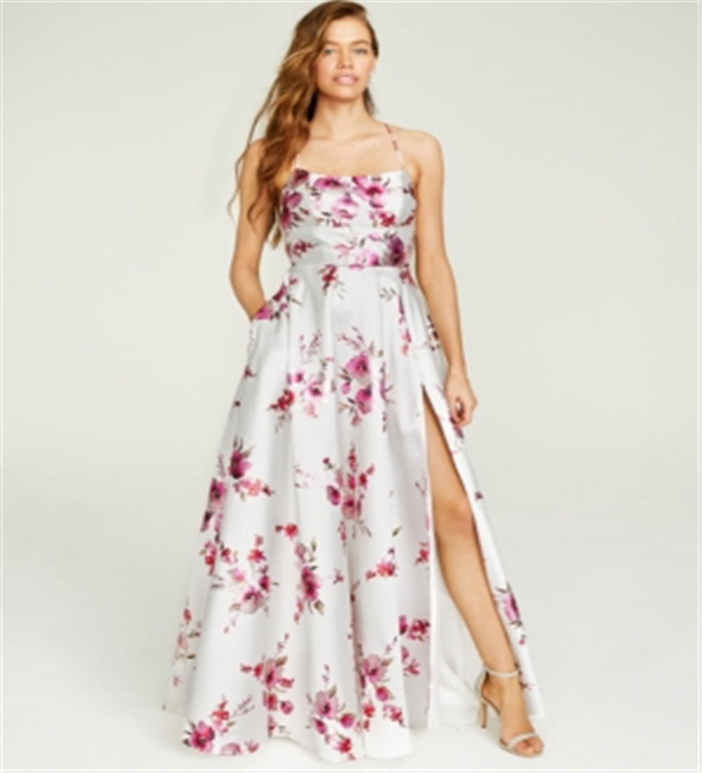 B. Darlin Women's Low Back Slitted Floral Spaghetti Strap Square Neck Full-Length Formal Fit Flare Dress White Size 0