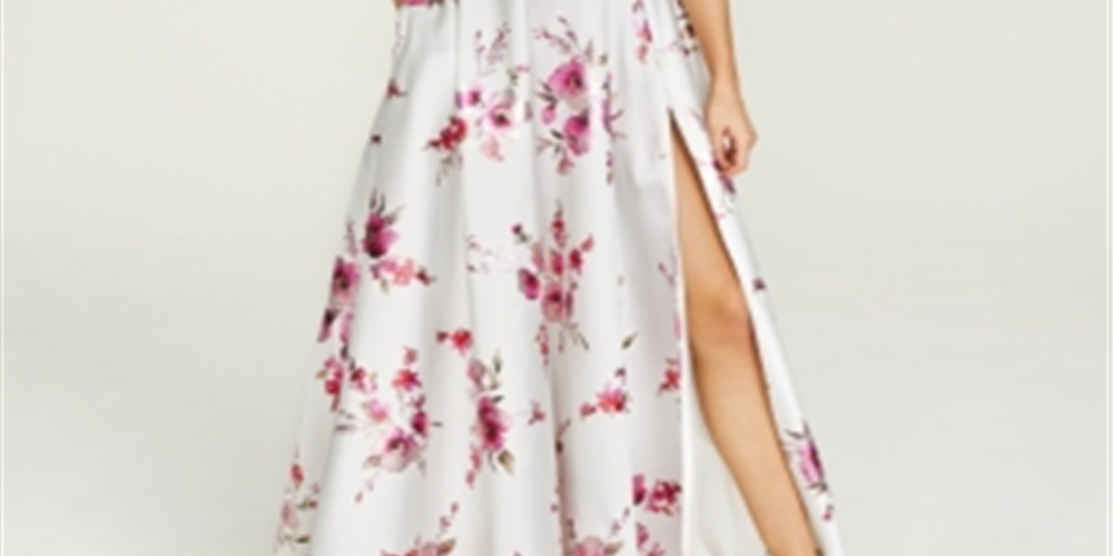 B. Darlin Women's Low Back Slitted Floral Spaghetti Strap Square Neck Full-Length Formal Fit Flare Dress White Size 0