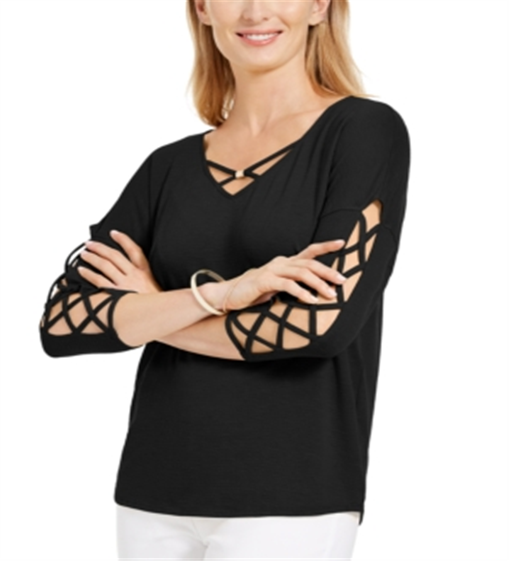 JM Collection Women's Ladder Sleeve Top Black Size Small