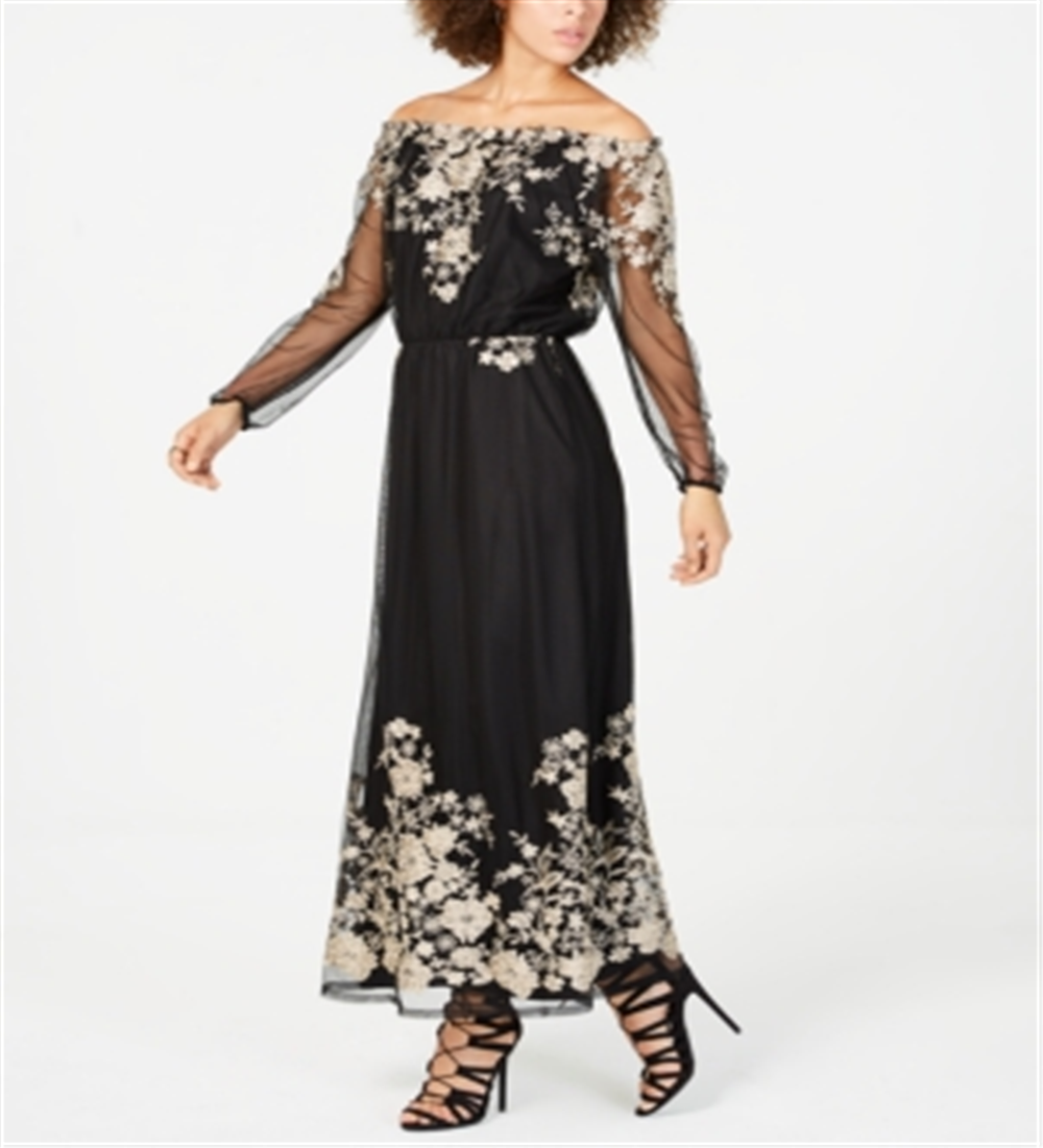INC International Concepts Women's Embroidered Off the Shoulder Maxi Dress Black Size 10