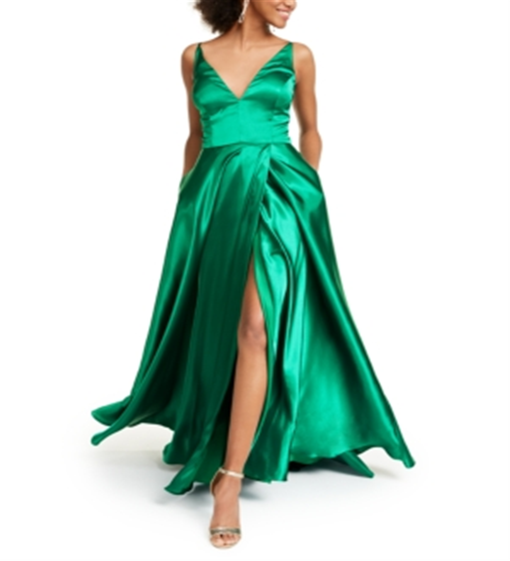 Blondie Nites Junior's Satin Lace up Plunge Gown Green Size 11