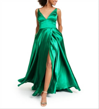 Blondie Nites Junior's Satin Lace up Plunge Gown Green Size 11