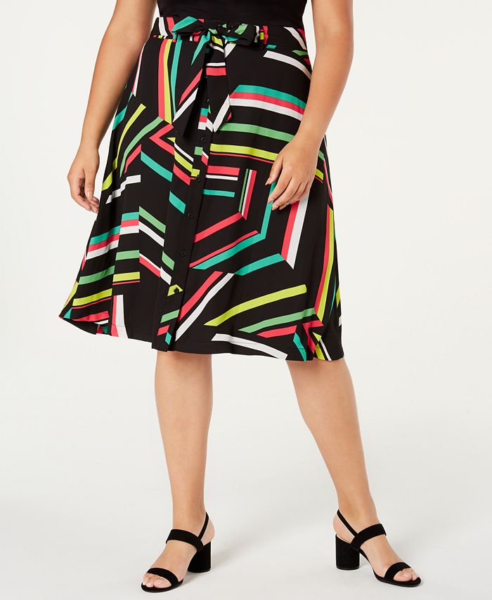Bar III Women's Trendy Plus Printed a Line Skirt Black Size 14W