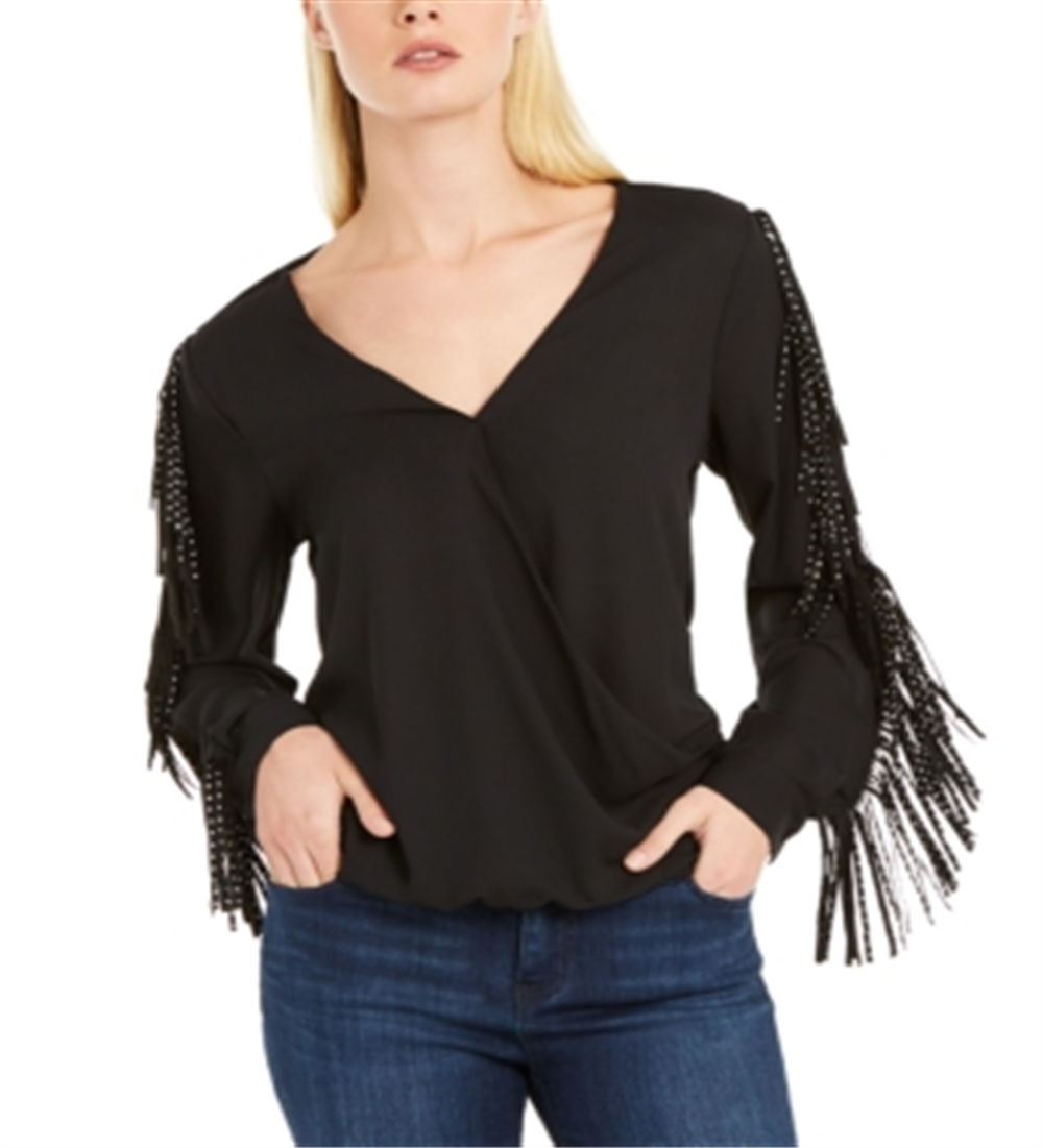 Inc Women's New Black Fringed Embellished V Neck Long Sleeve Top Black Size M