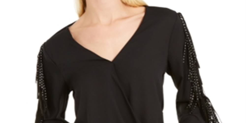 Inc Women's New Black Fringed Embellished V Neck Long Sleeve Top Black Size M
