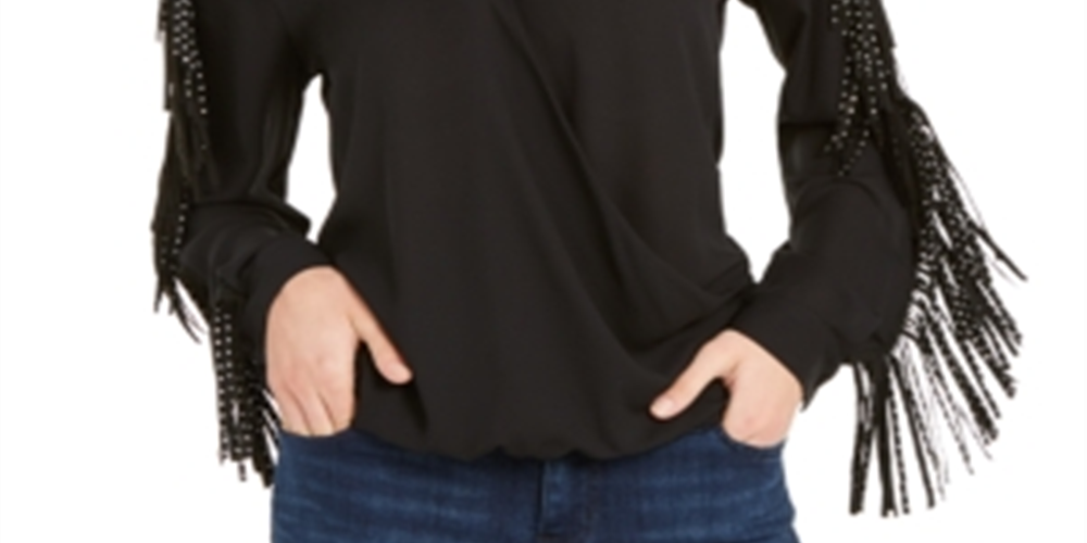 Inc Women's New Black Fringed Embellished V Neck Long Sleeve Top Black Size M