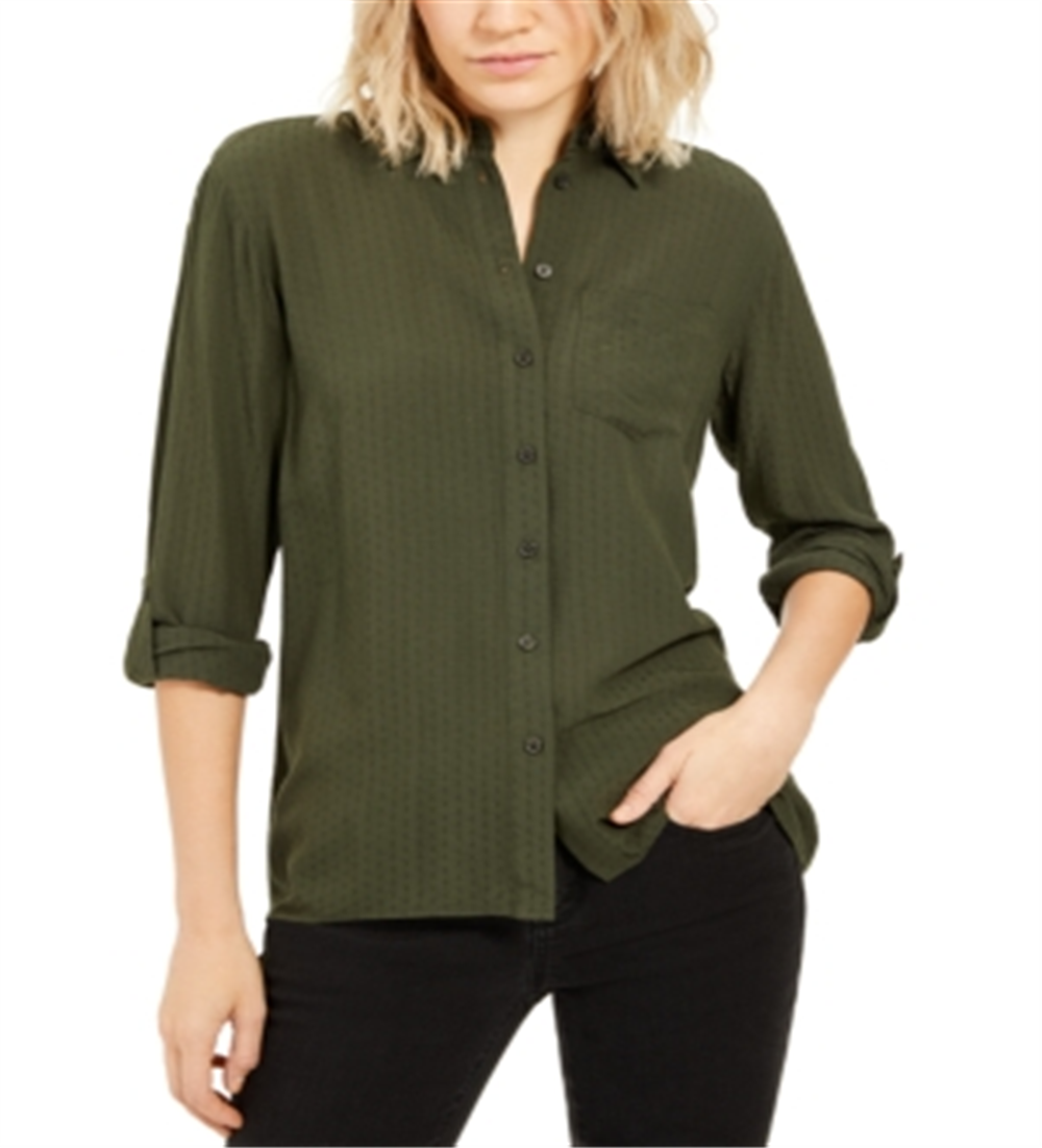 Michael Kors Women's Collared Dobby Shirt -Green Size Petite L