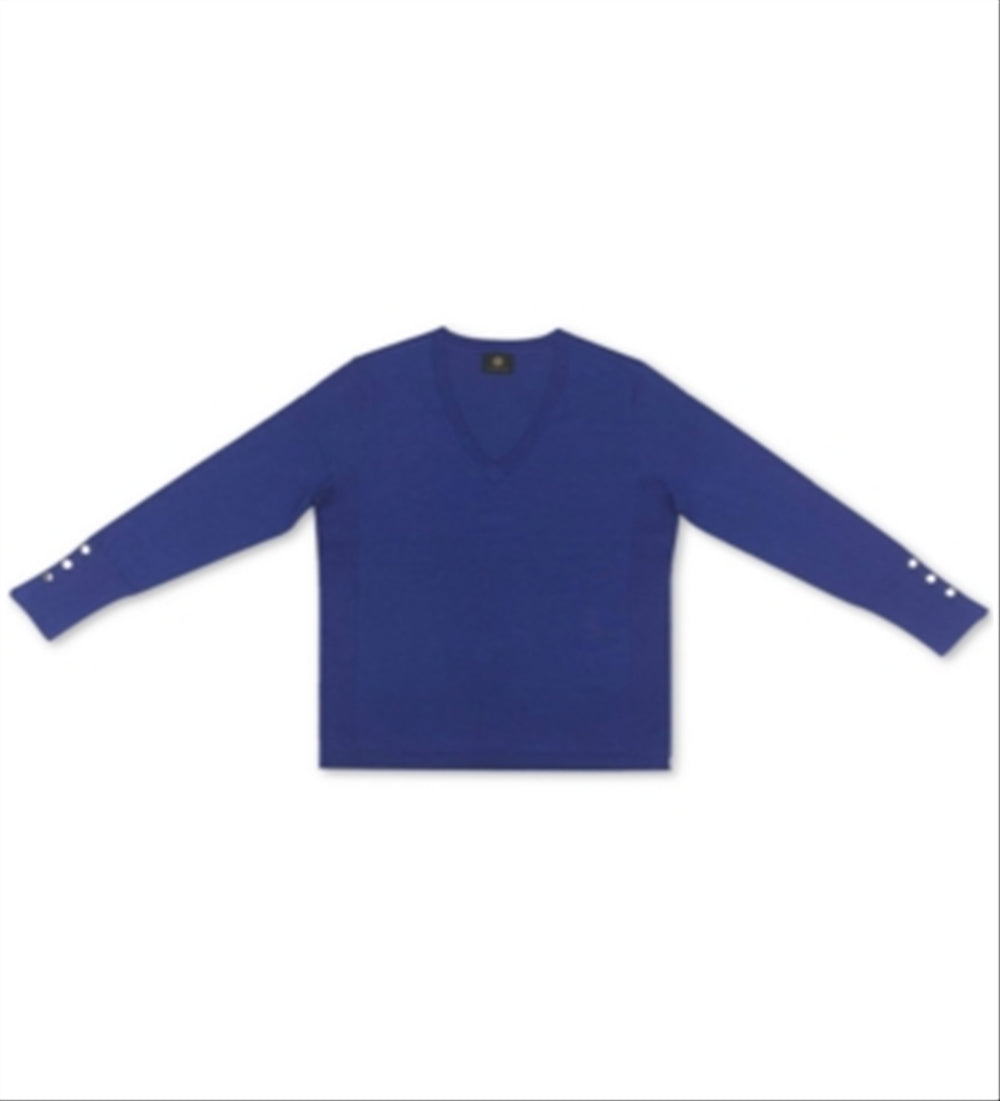 JM  Collection Women's  Button-Cuff V-Neck Pullover Sweater  Blue Size 2XL