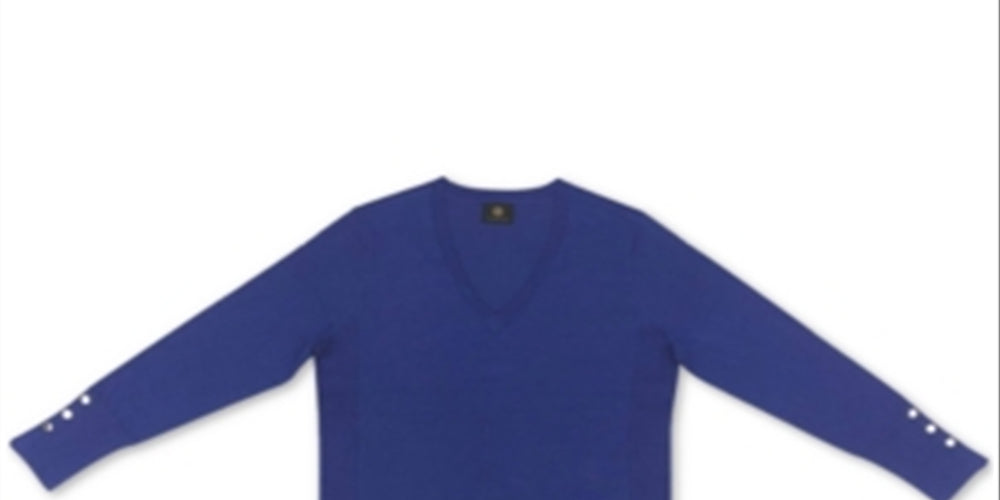 JM  Collection Women's  Button-Cuff V-Neck Pullover Sweater  Blue Size 2XL
