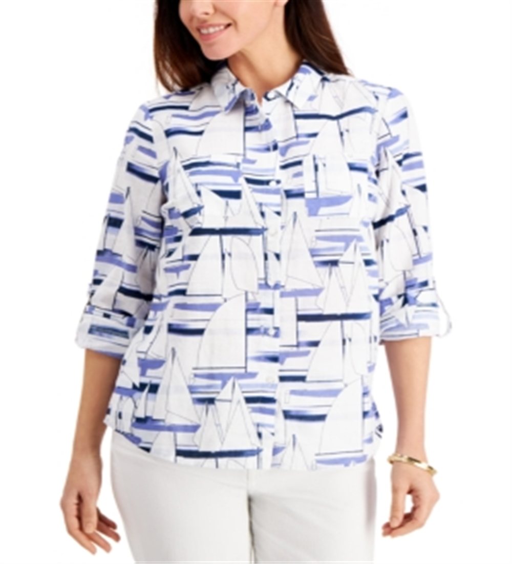 Charter Club Women's Sailboat Print Shirt White Size XX-Large