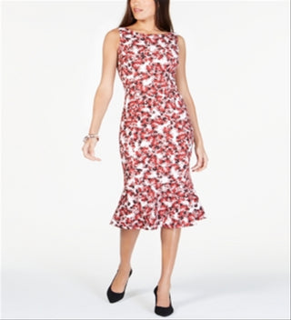Alfani Women's Printed Jewel Neck MIDI Mermaid Dress Red Size 14