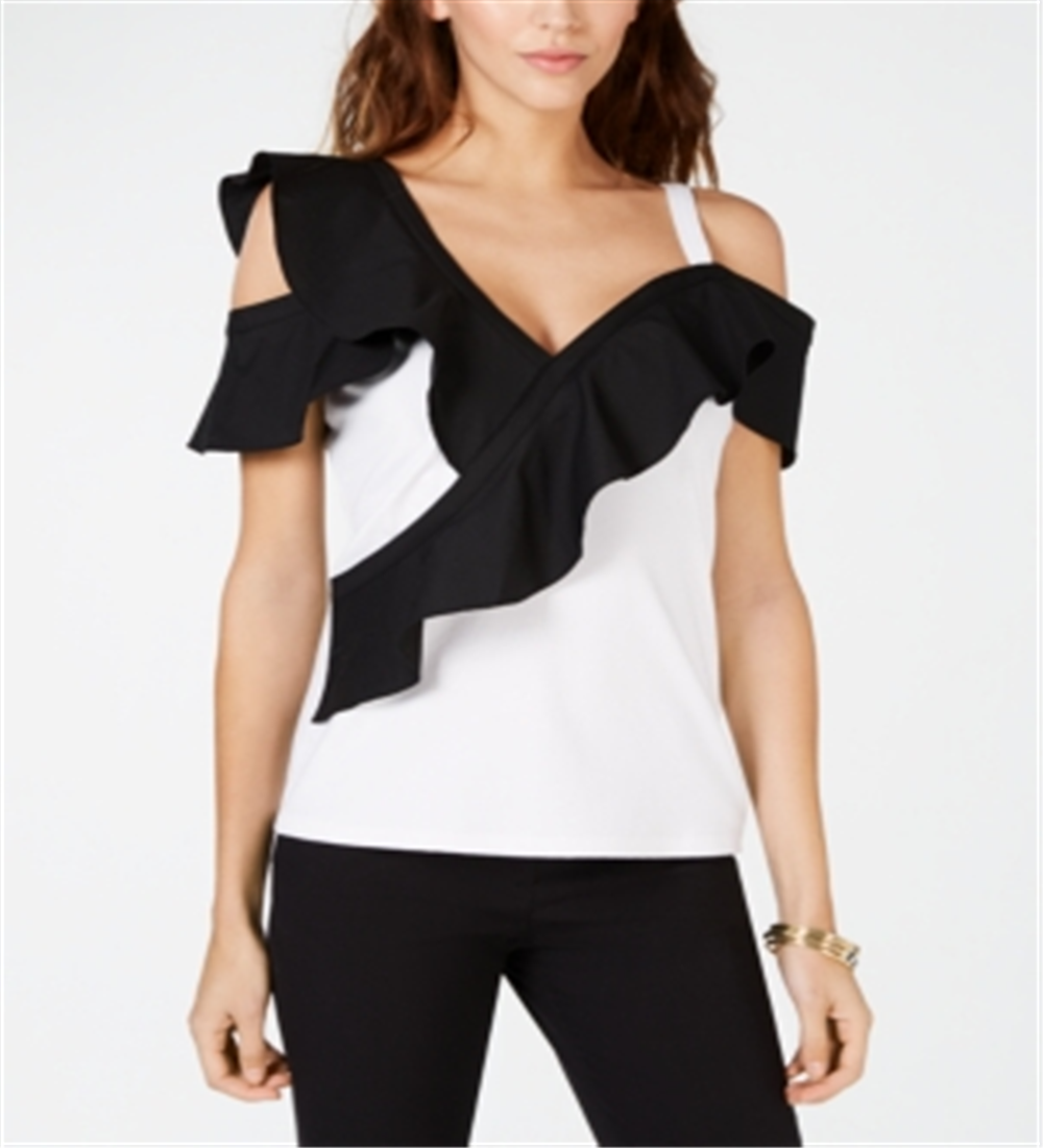 INC International Concepts Women's Colorblocked Ruffled Top Black Size PP
