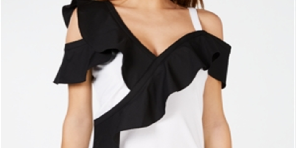 INC International Concepts Women's Colorblocked Ruffled Top Black Size PP
