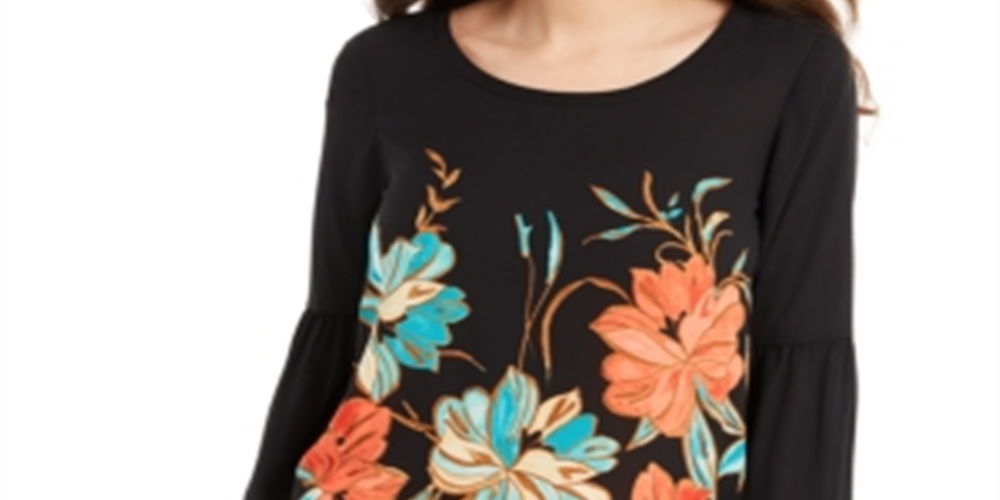 JMCollection Women's Printed Bell Sleeve Top Black Size X-Small