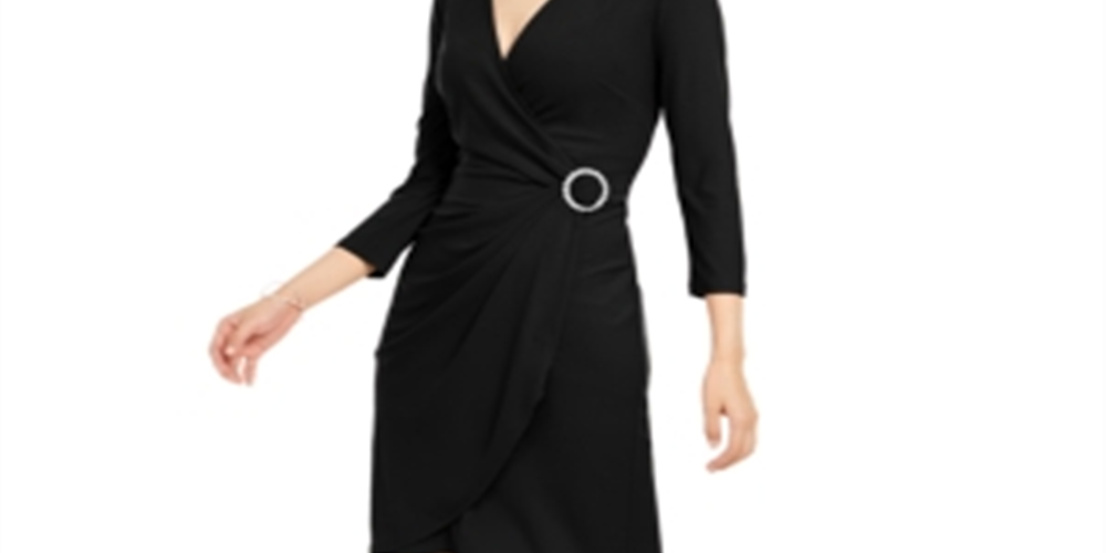 Inc International Concepts Women's Petite Embellished-Accent Wrap Dress Black Size Petite Medium