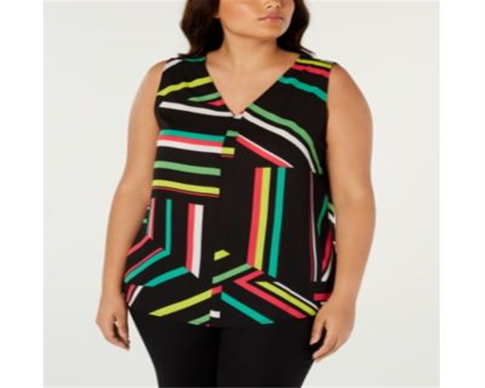 Bar III Women's Printed V Neck Pullover Top Black Size Size 1X