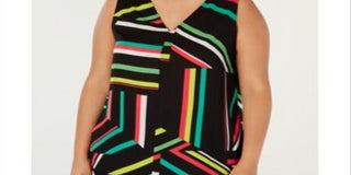 Bar III Women's Printed V Neck Pullover Top Black Size Size 1X