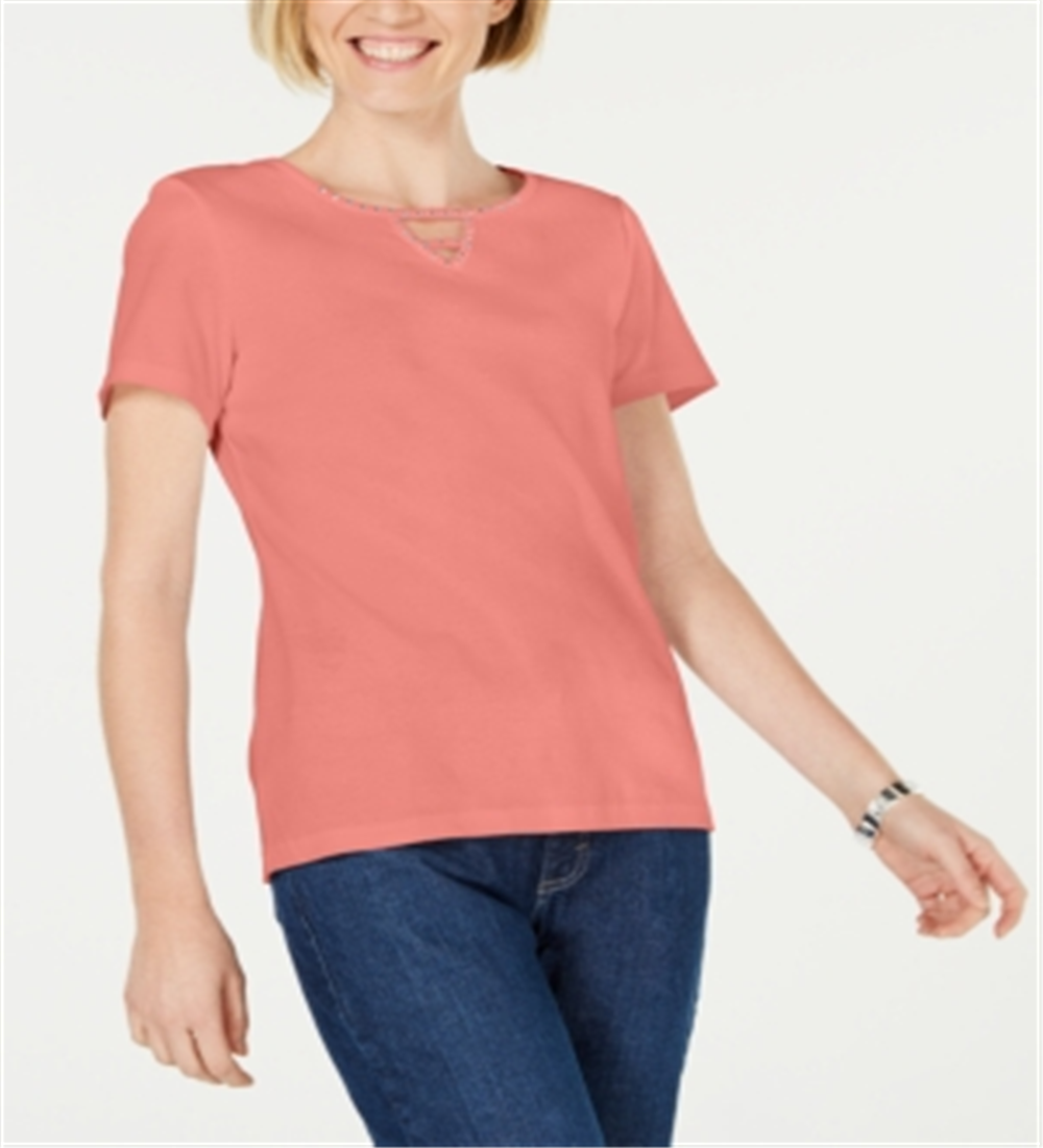 Karen Scott Women's Cotton Studded Keyhole Top Orange Size Petite XL