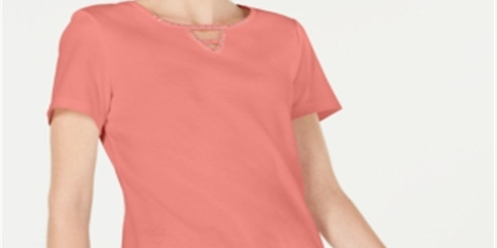 Karen Scott Women's Cotton Studded Keyhole Top Orange Size Petite XL