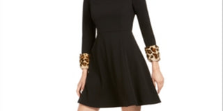 Calvin Klein Women's Animal Print Cuff Fit & Flare Dress Black Size 8 Petite