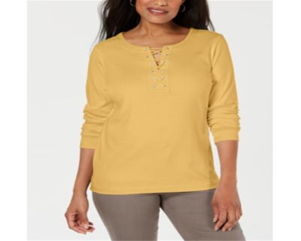 Karen Scott Women's Long Sleeve V Neck Top Yellow Size Small