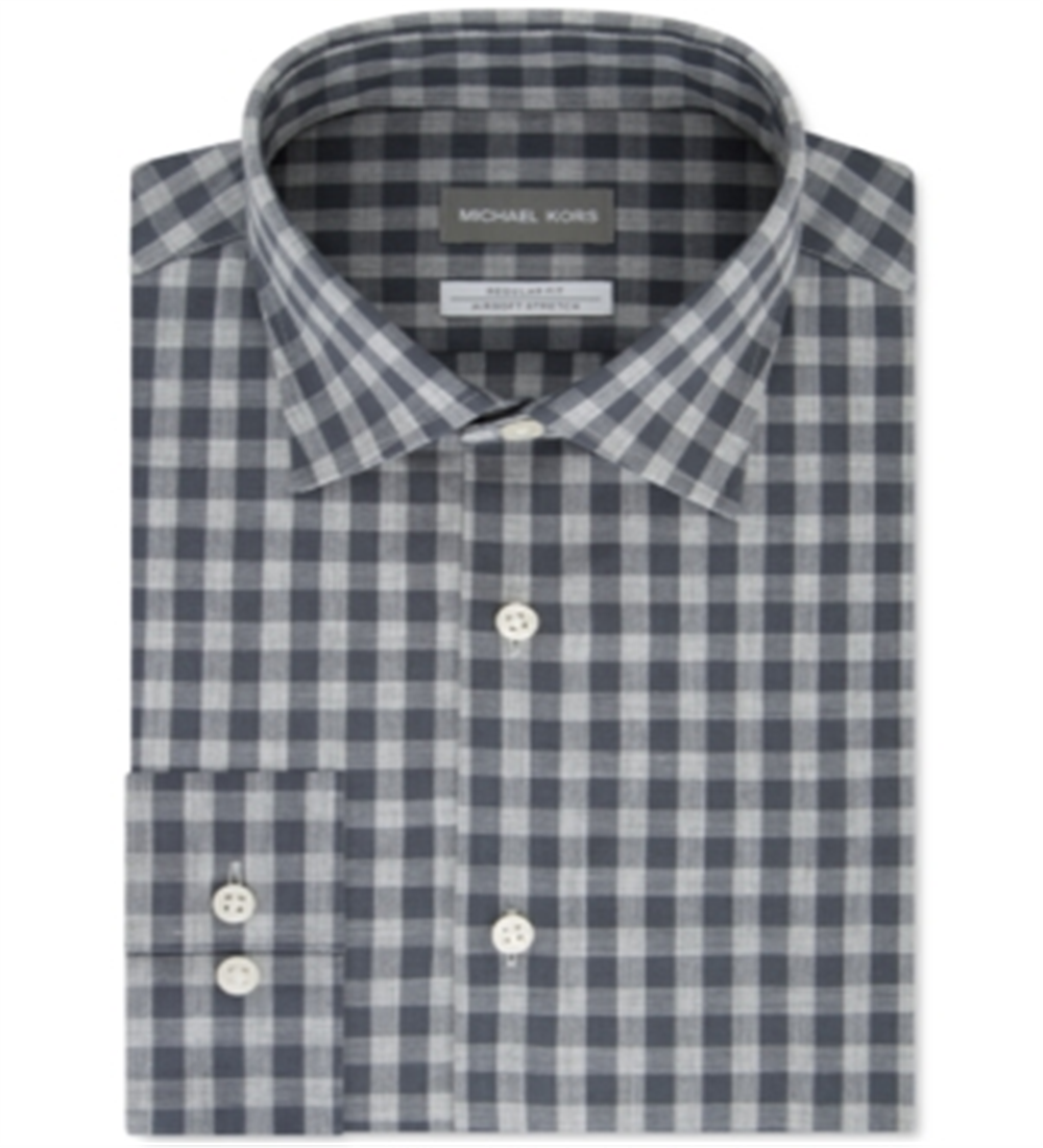 Michael Kors Men's  Airsoft Performance Stretch Check Dress Shirt Rock Gray Size 16.5X34-35