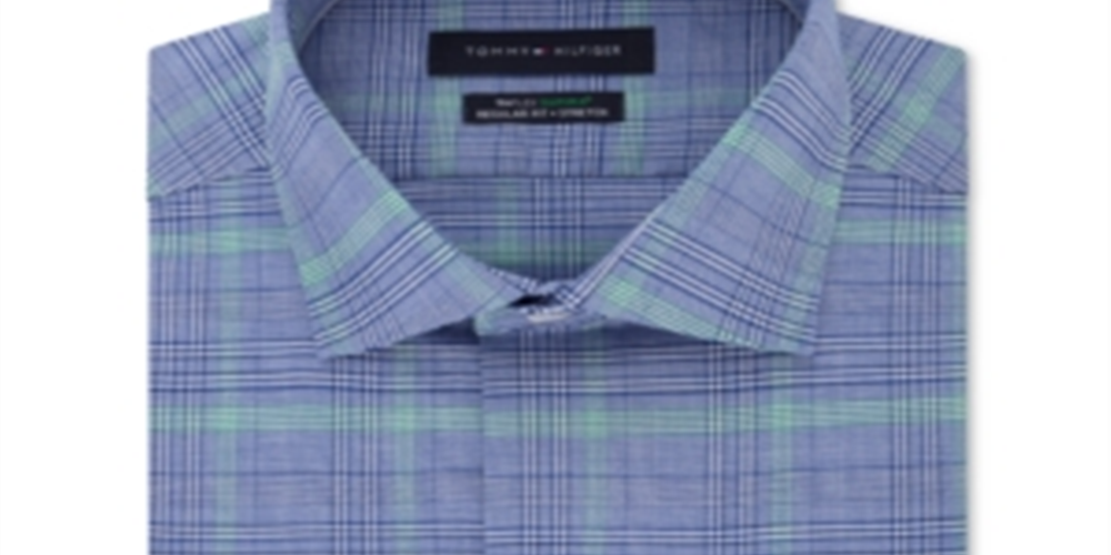 Tommy Hilfiger Men's THFlex Supima Performance Stretch  Check Dress Shirt Blue Size 15.5X32-33