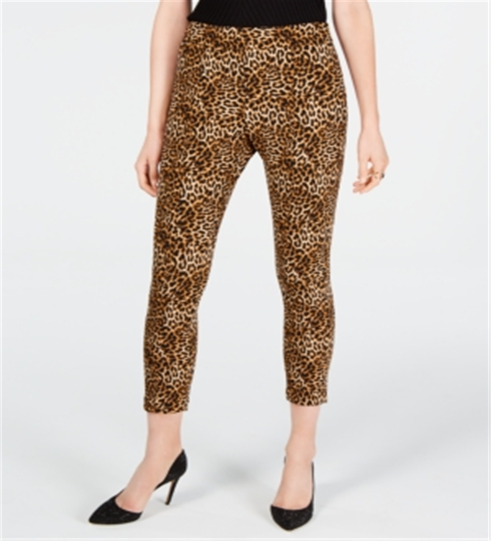 INC Women's Skinny Leopard Print Ankle Stretch Pants Brown Size 14 Brown