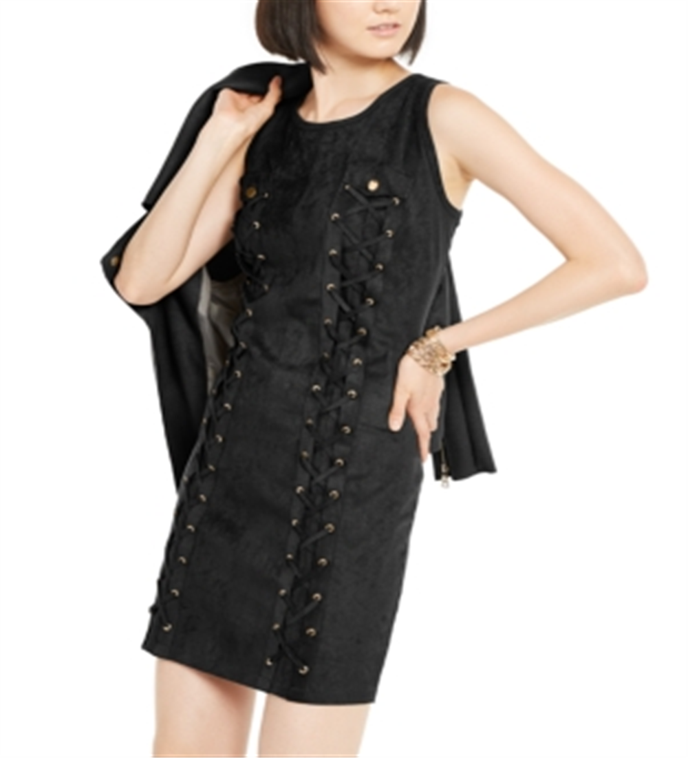 INC Women's Lace-up Faux-Suede Dress  Black Size XL