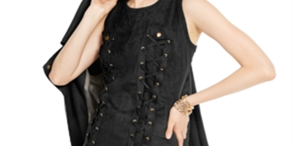INC Women's Lace-up Faux-Suede Dress  Black Size XL