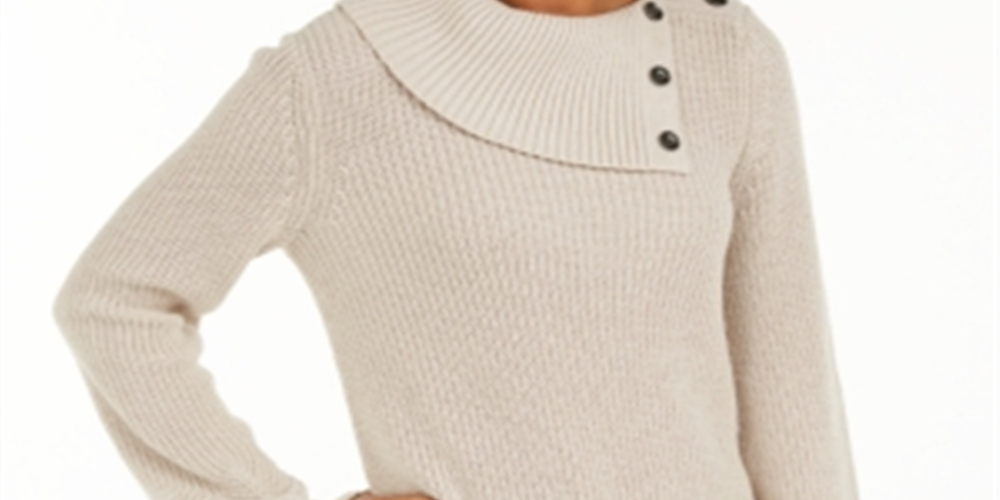 Style & Co Women's Envelope Neck Scalloped Edge Sweater Beige Size Petite M