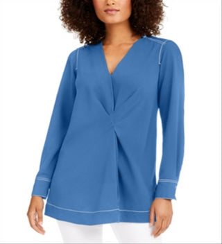 Alfani Women's Contrast Trim V Neck Tunic Top Blue Size Medium