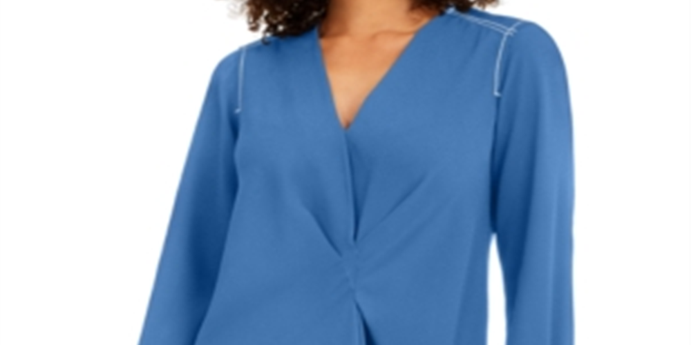 Alfani Women's Contrast Trim V Neck Tunic Top Blue Size Medium