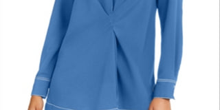 Alfani Women's Contrast Trim V Neck Tunic Top Blue Size Medium