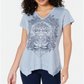 Style & Co Women's Graphic Print Handkerchief-Hem T-Shirt Blue Size Petite Small
